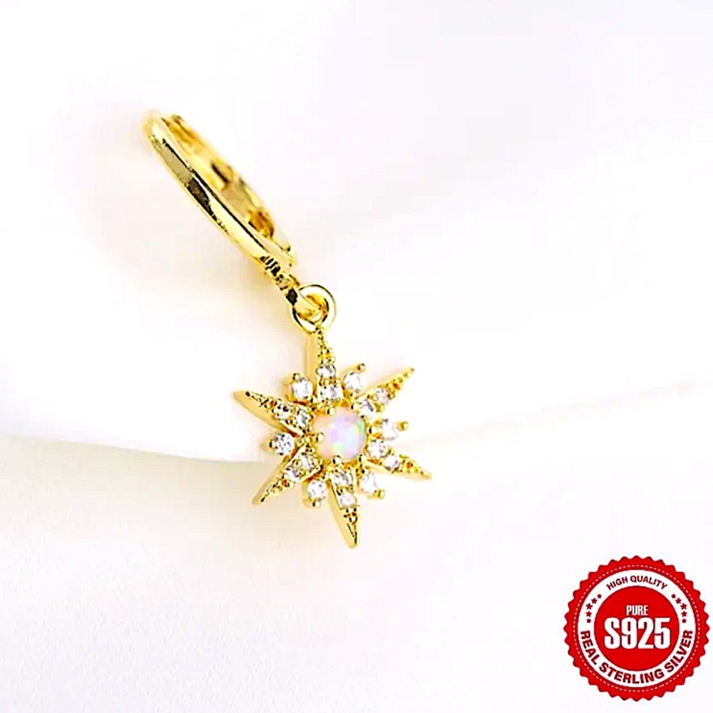 Gold Star Opal Huggie Earring, North Star, 18K Gold, Cubic Zircon